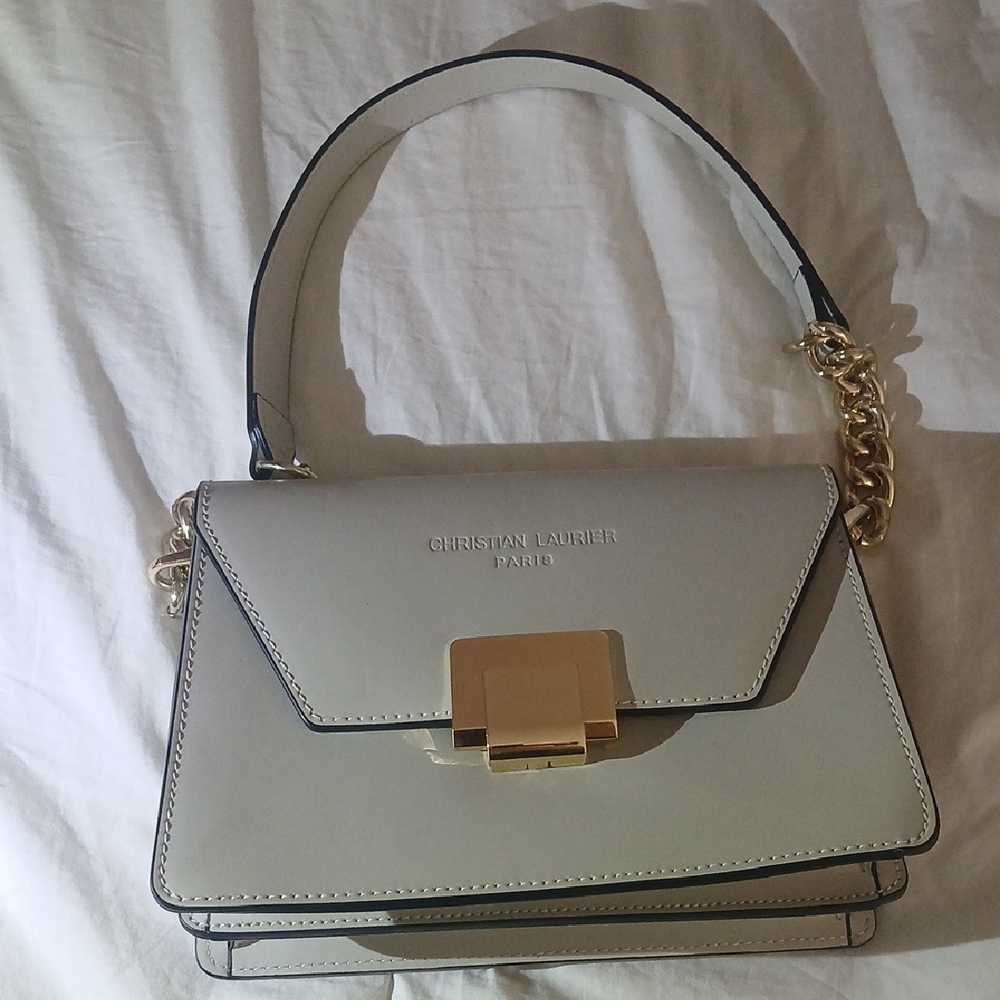 Grey 100% Leather Shoulder Bag with Gold Accents